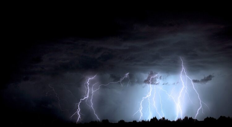 lightning, storm, blue sky